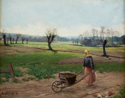Pejzaż wiejski z kobietą ciągnącą wózek, 1890