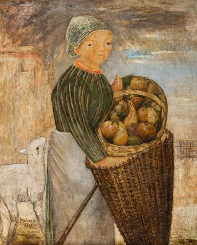 DZIEWCZYNKA Z KOSZEM OWOCÓW I BARANKIEM, 1923