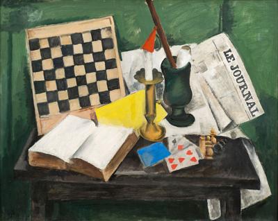 MARTWA NATURA Z KARTAMI I SZACHOWNICĄ, 1915