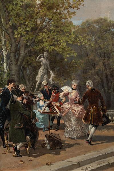 Zabawa w ogrodzie w manierze fête galante, 1882