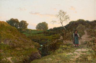 Pejzaż wieczorny z wiejską dziewczyną, 1891 (Na łąkach)