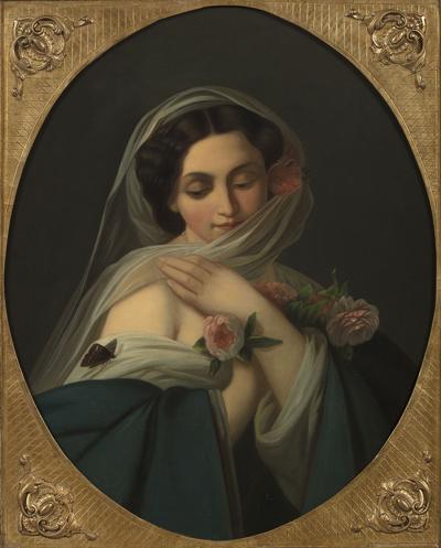 Dama z motylem i kwiatami róży, ok. 1860