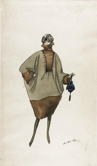 Kobieta w płaszczu i z torebką - projekt kostiumu, 1921