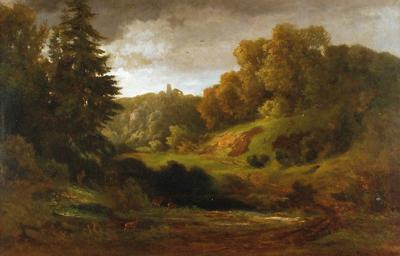 Krajobraz leśny o świcie z ruinami zamku na wzgórzu, 1868