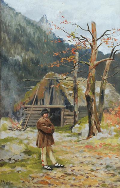 Pejzaż górski z chatą i góralem, 1895