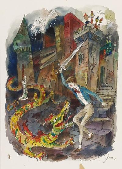 „Zabicie smoka” - Ilustracja do IV rozdziału „Czarodziejskiego miasta” Edith Nesbit