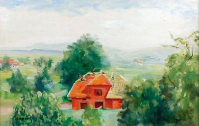 Kalwaria Zebrzydowska - pejzaż z budowanym domem, ok. 1970