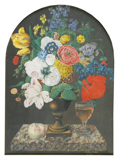 Martwa natura z kwiatami, jabłkiem i kieliszkiem wina, 1834