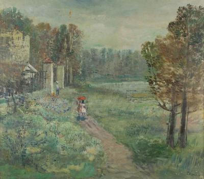 Pejzaż z dziećmi z czerwoną parasolką, ok. 1970