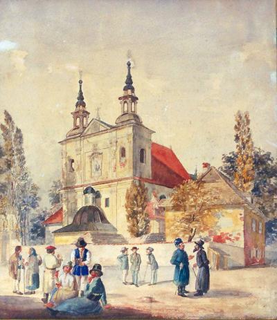 Przed kościołem św. Floriana w Krakowie, ok. 1880