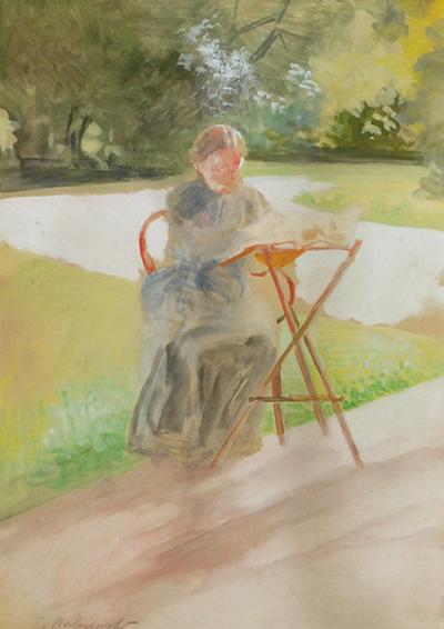 W ogrodzie w Lusławicach - Bronisława Malczewska, siostra artysty, ok. 1924