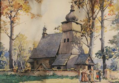 Przed wiejskim kościołem, ok. 1930