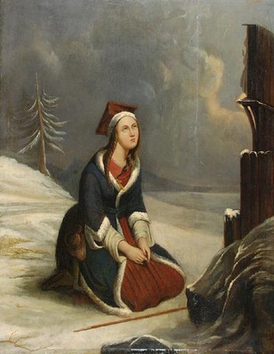Kobieta w konfederatce modląca się przed kapliczką - Polonia[?], 1846