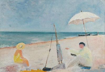 Na plaży I - Artysta i jego modelka - Wojciech Weiss malujący nad morzem, 1935