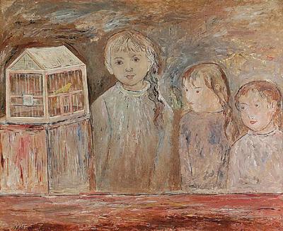 Trzy dziewczynki przed klatką z ptaszkiem, 1923