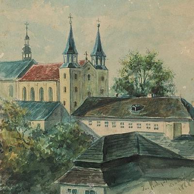 Widok na kościół Matki Bożej Piaskowej (karmelitów) w Krakowie od strony południowo-wschodniej, 1888