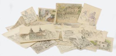 Zestaw 22 rysunków, szkicy i akwarel oraz jeden ex libris