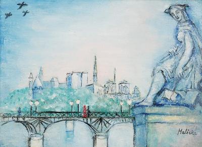 Paryż - Most Passarelle des Artes i katedra Notre Dame, l. 30 XX w.