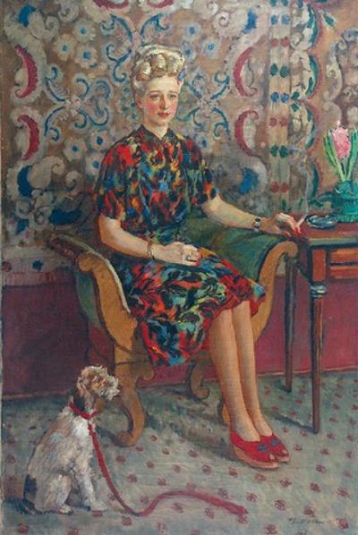 Portret kobiety z pieskiem na czerwonej smyczy