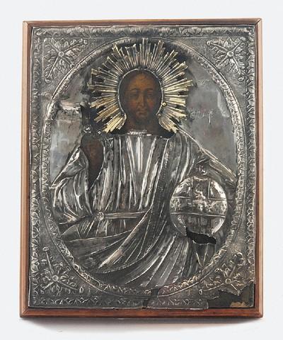 Ikona - Chrystus Pantokrator, w okładzie srebrnym