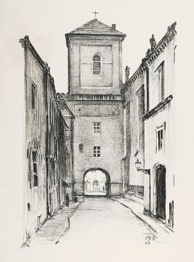 Widok na dzwonnicę katedry Świętojańską, 1916
