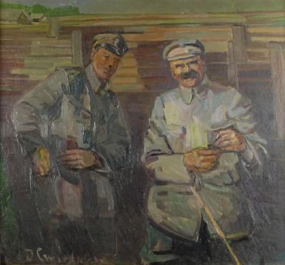 Józef Piłsudski w rozmowie z oficerem w okopach