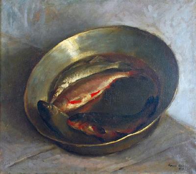 Martwa natura z rybami w mosiężnej misie, 1929