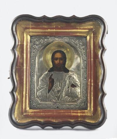 Ikona - Chrystus Pantokrator, w srebrnym okładzie i kiocie