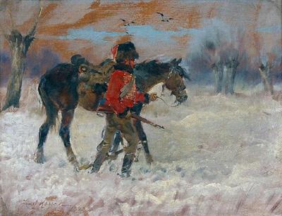 Strzelec konny prowadzi wierzchowca, 1940