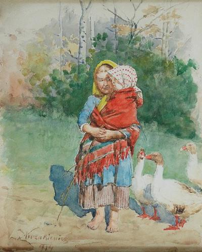 Gęsiarka z dzieckiem, 1914
