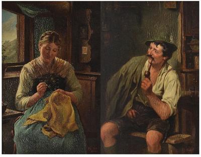 Para obrazów: Mężczyzna palący fajkę, Szyjąca kobieta, 1903