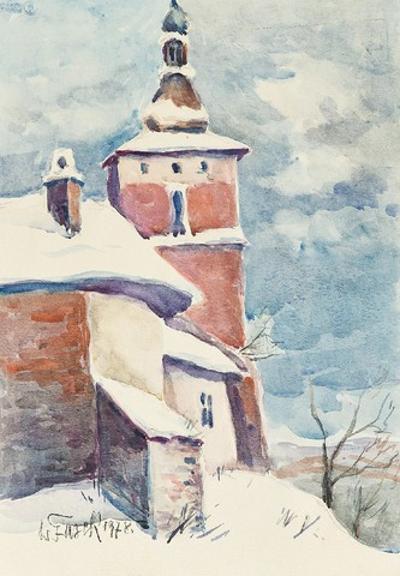 Dzwonnica w śniegu - Biecz, 1978