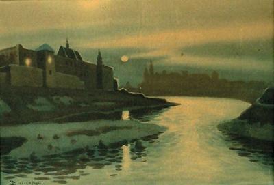 Krakowski nokturn z Klasztorem Norbertanek i widokiem na Wawel w tle