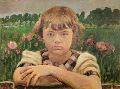 Dziewczynka na tle łąki z kwitnącymi makami - Portret córki artysty, 1933