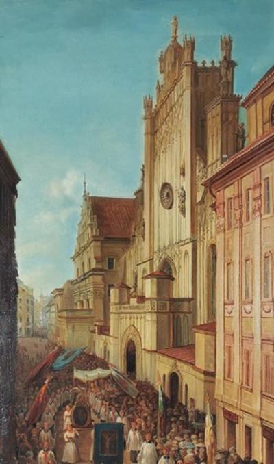 Procesja - Przed katedrą św. Jana w Warszawie [Ulica Świętojańska podczas procesji Bożego Ciała], 1861