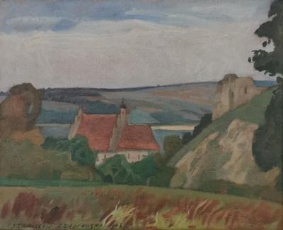 Kazimierz - Widok na farę i ruiny zamku, 1948