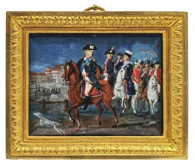 Stanisław August konno z grupą oficerów - miniatura