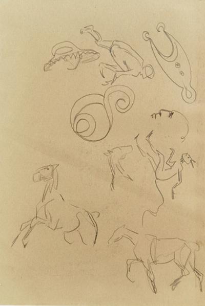 Szkice koni, rysunki satyryczne diabła, 1922