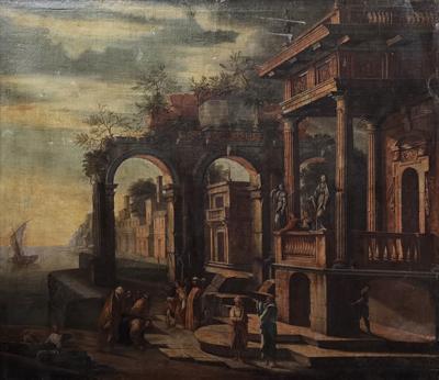 Chrystus i jawnogrzesznica na tle antycznej architektury i ruin
