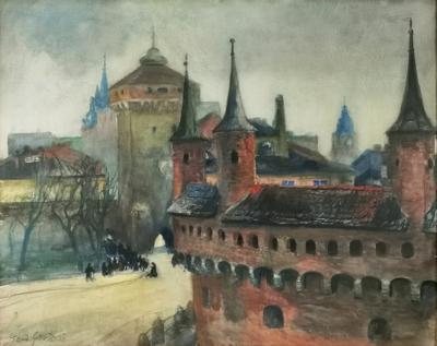 Barbakan i Brama Floriańska - Widok z pracowni Akademii Sztuk Pięknych w Krakowie, 1911
