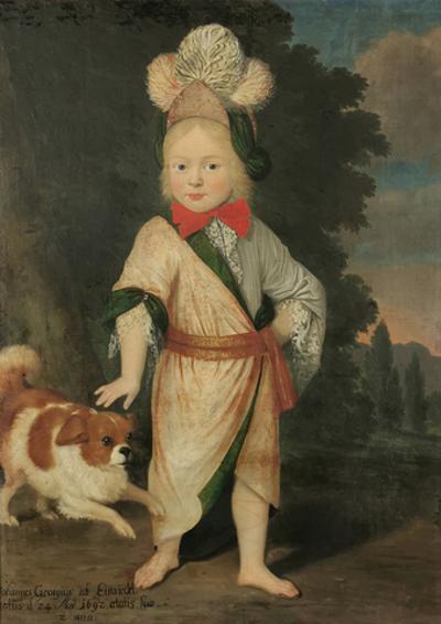 Portret dwuletniego Johanna Georga von Einsiedel na tle parkowego pejzażu, z pieskiem