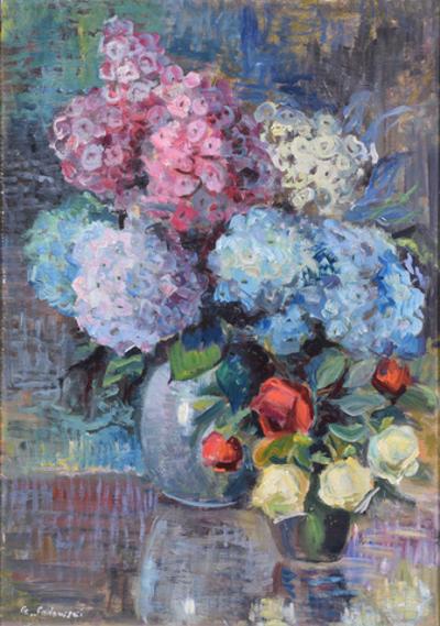 Hortensje i róże w wazonie, 1944