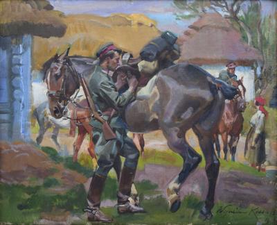 Ułan legionowy siodłający konia, 1919