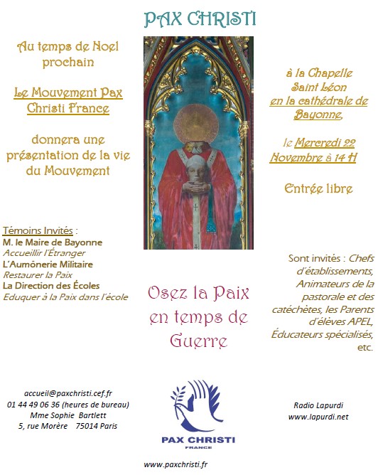 Cathédrale de Bayonne : "Oser la paix en temps de guerre" avec Pax Christi le 22 novembre