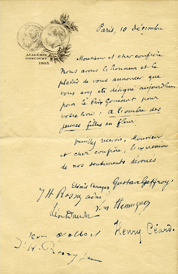 Les jurés Goncourt annoncent l’attribution du prix au lauréat par cette lettre rédigée aussitôt le vote conclu.jpg