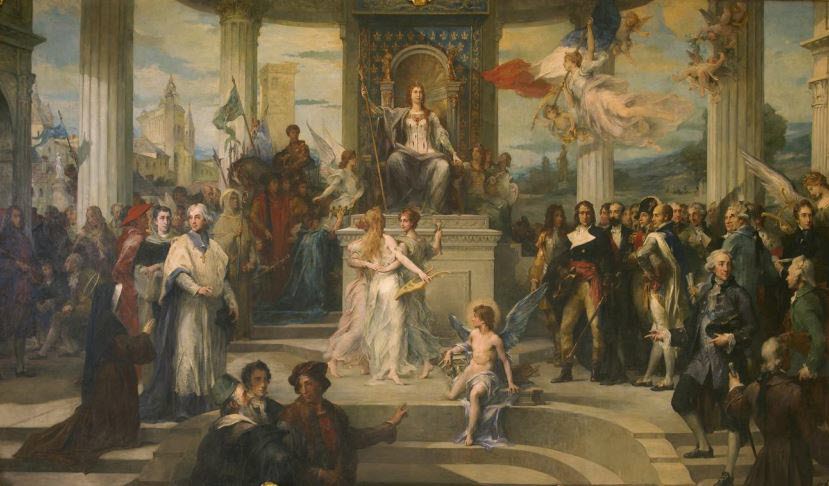 Les gloires de Bourgogne par Henri-Léopold Lévy à gauche de la toile, Jacques Bossuet, observé par Lacordaire et Saint Bernard en arrière-plan.jpg