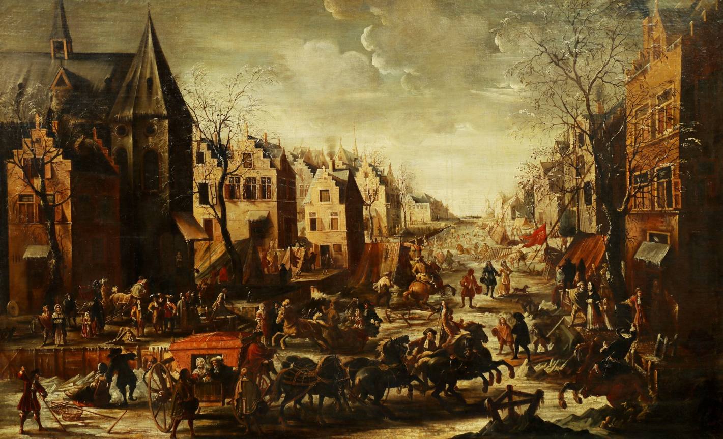 "Traversée hivernale d'une ville hollandaise" école hollandaise du XVIIème siècle