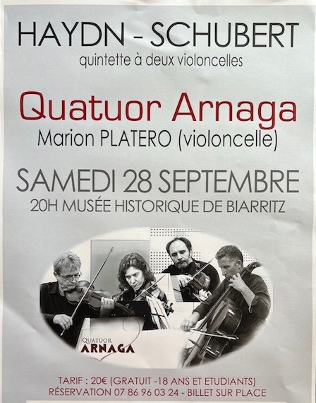 Biarritz : le Quatuor Arnaga au Musée Historique samedi 28 septembre à 20h