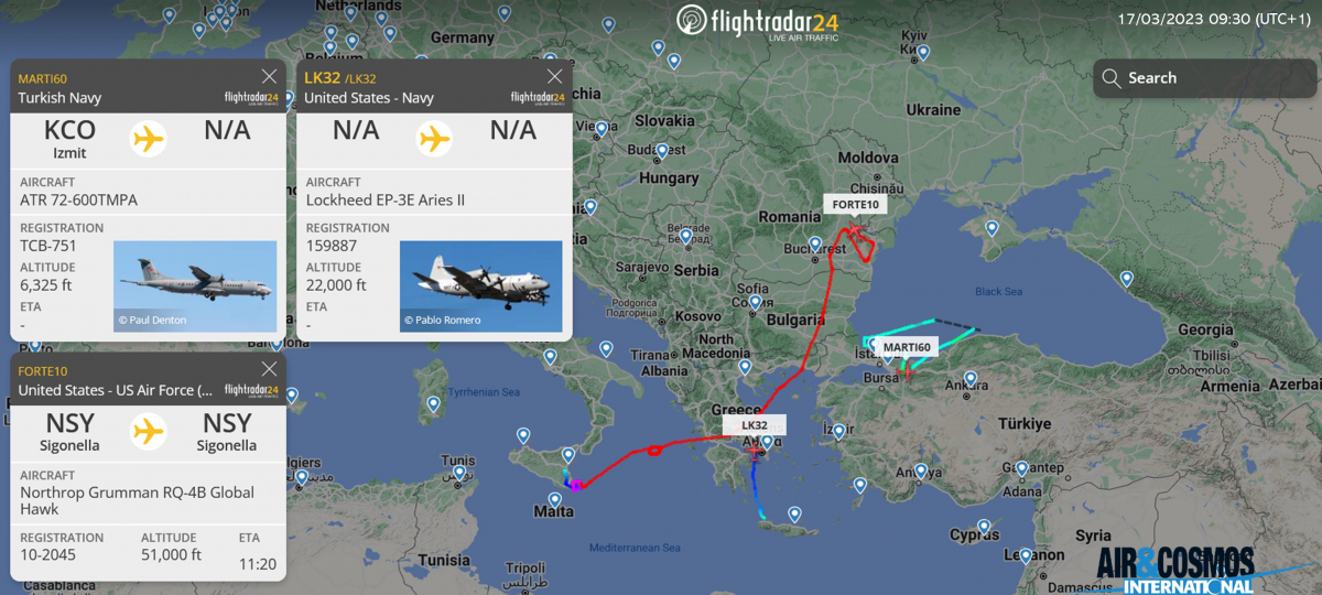 09:30 am: The ATR 72-600 TMPA in RTB, the EP-3E is en route to Romania and the RQ-4B is beginning its information gathering.