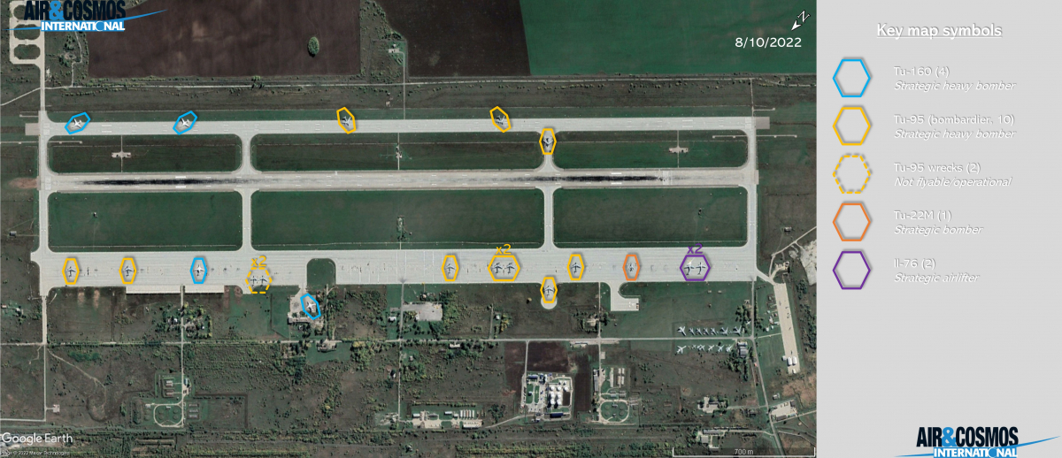 October 8, 2022 satellite image of the Russian Engels-2 airbase. By zooming in on Google Earth, it is possible to confirm that two Tu-95s are not in flight condition.